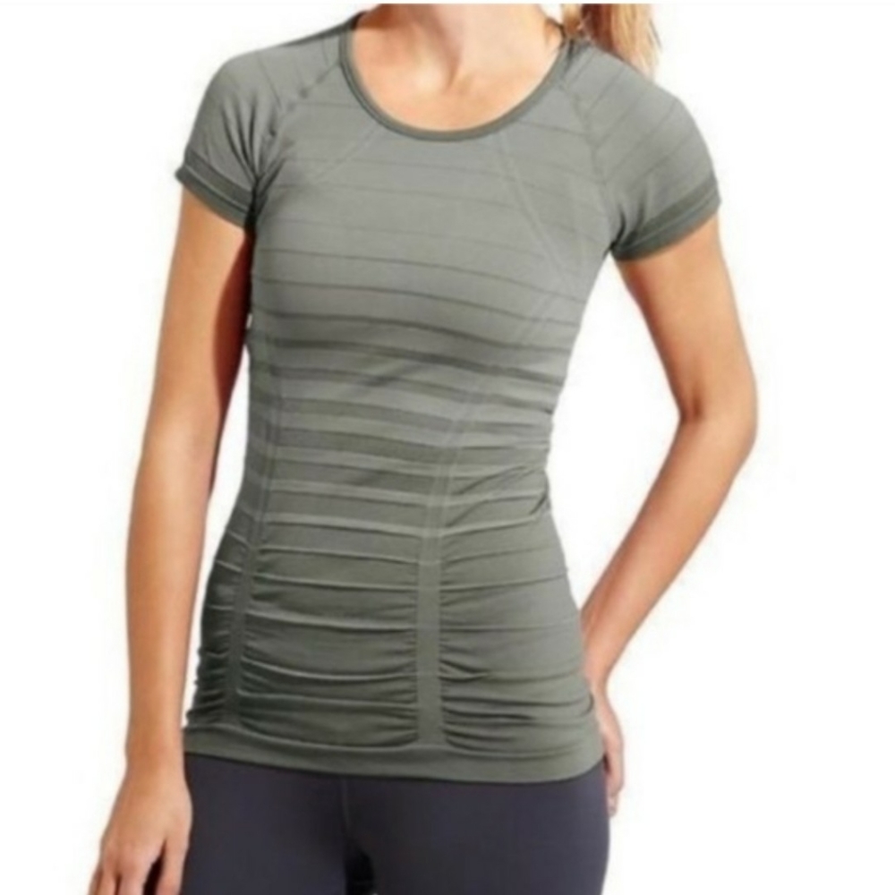 Athleta Green Stripe Fastest Track Athletic Top
